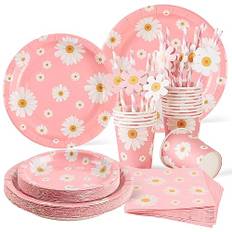 SUNBEAUTY Tusensköna festservis set vita tusensköna blommor festdekorationer inklusive papperstallrikar pappersmuggar servetter sugrör för bröllop födelsedag babyshower dekoration, Göblor