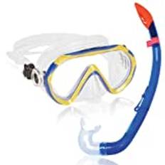 AQUAZON KORFU Snorkelset av hög kvalitet, dykningsset, simningsset, snorkelglasögon med härdat glas, snorkel med halvtorr topp för barn, tonåringar från 7-12 år., colour:blue yellow