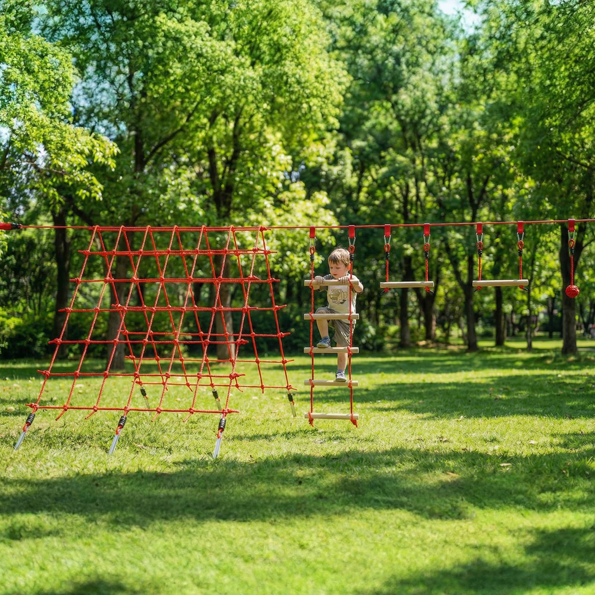 Ninja Line Kids 10m Slackline Sæt med Gymnastikringe, Gynge, Klatrestige, Klatrenet til 3-6 år, 1000x300x180 cm, Rød.