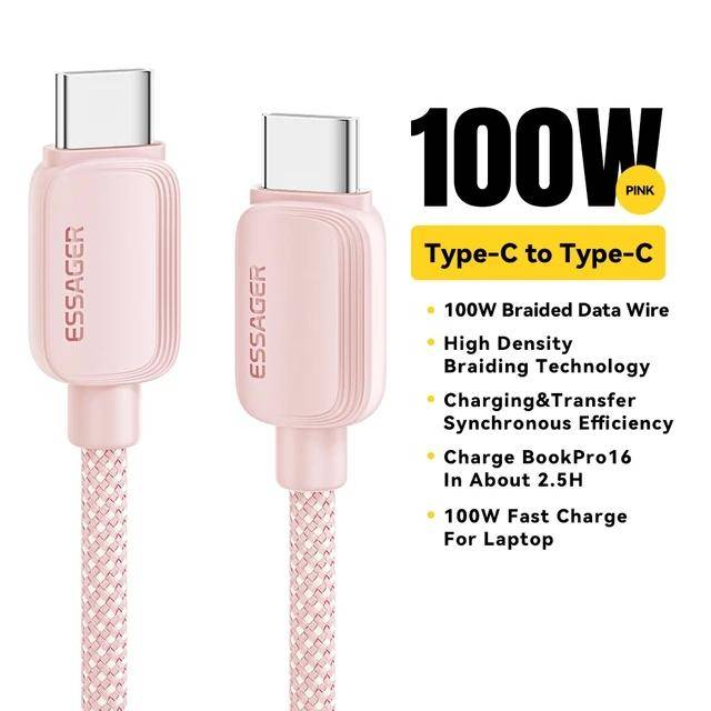 Essager 100W PD USB C Typ C-kabel Snabbladdning Laddarkabel USB-C 5A TypeC-kabel för Huawei Macbook Samsung Xiaomi POCO 2m rosa