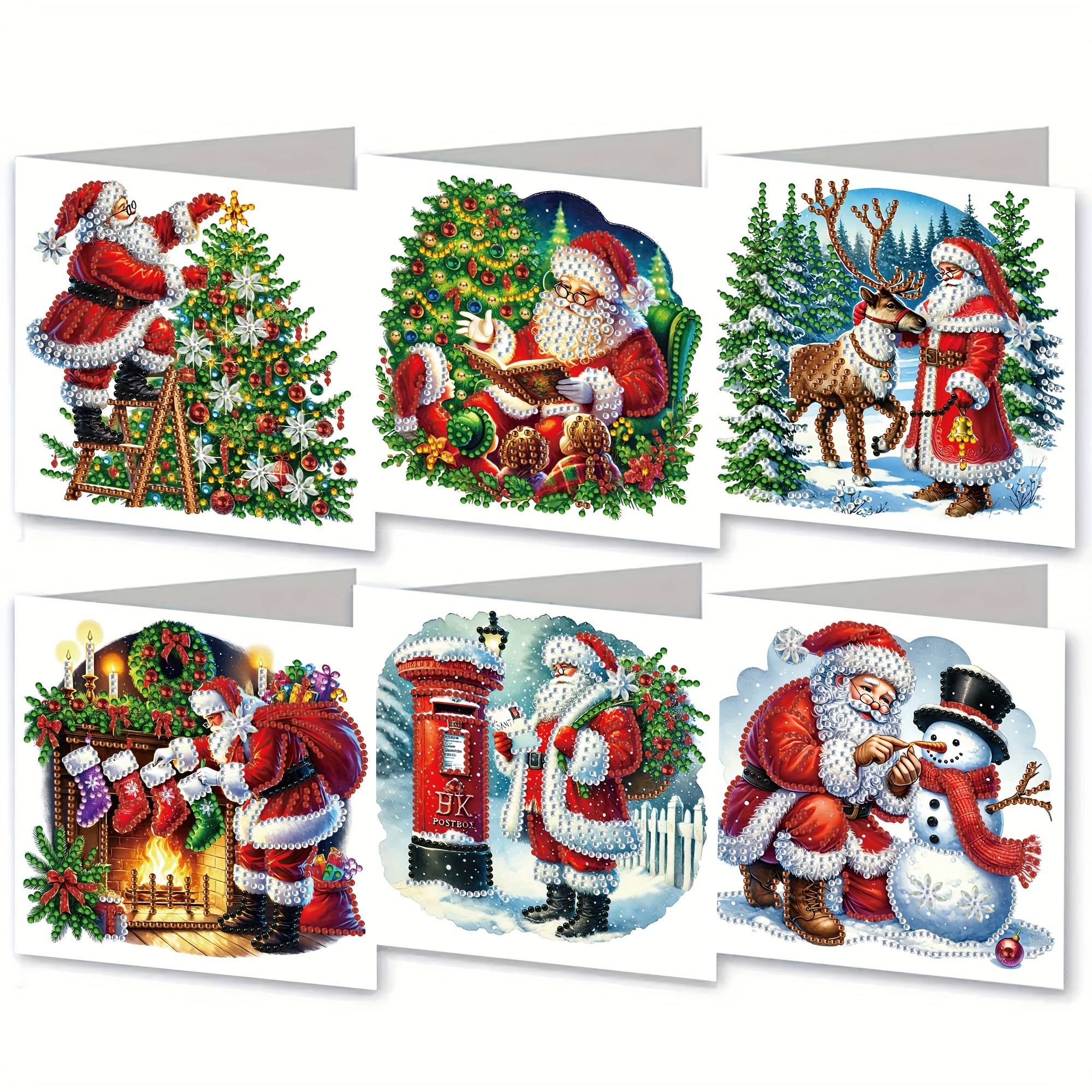 Popular New 6pcs Christmas Diamond Painting Greeting Card Set - Featuring Santa Claus And Christmas Tree Designs, To With This Unique Handmade Gift Set. The Diamond Painting Kit With Envelopes