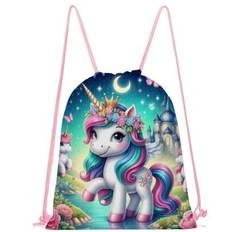1pc Washable Polyester Unicorn Print Drawstring Backpack, Sports Bag For Travel, Luggage And Shoe Storage - Random Print Design - Multicolor - Pink,Blue,Purple One,Blue One