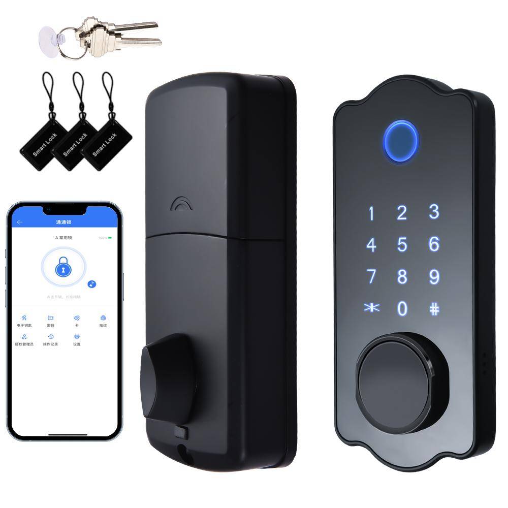 Keyless Entry Smart Dörrlås Vattentätt Auto Lock 5 i 1 TTlock App IC-kort 150 koder Elektronisk No Handle Lever Set svart