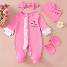 Spädbarn/Baby Girl Rose Röd Jumpsuit med volanger med pannband och hatt, flerdelat hemkläderset - Vattenmelonsrosa (6-9M,0-1M,1-3M,3-6M)
