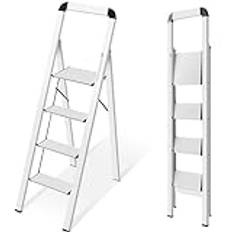 KINGRACK Trappstege, 4 steg, vikbar stegstege med räcke, halkfri hushållsstege med hopfällbar säkerhet, stegpall i aluminium, maximal belastning 150 kg, silver