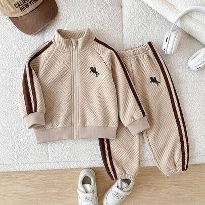 2-delat set för baby-, spädbarns- och småbarnspojke, khaki stickad jacquard i metalliskt tyg, topp med ståkrage, öppen framsida, lång ärm och liten hä - Kaki (6-9M,9-12M,12-18M,18-24M,2-3Y)