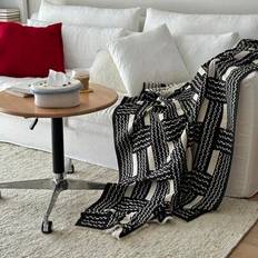 11pcs Black & White Plaid Faux Cashmere Sofa Jacquard Blanket, Warm Outdoor Picnic Throw, Pet Blanket, Air Conditioning Quilt, Office/Camping Shawl, S - Black - 130*180,130*150,70*100