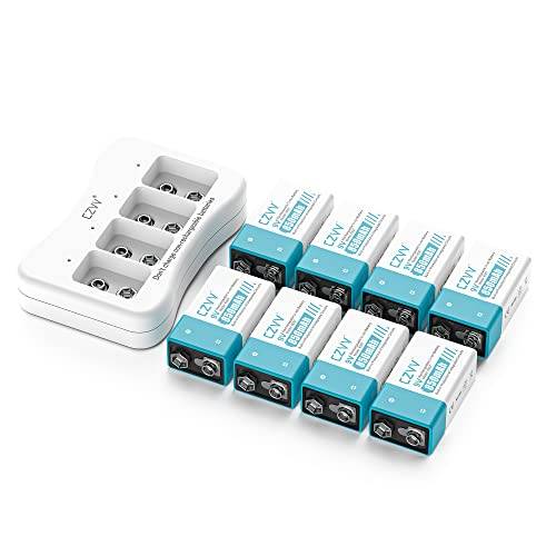 czvv 9 V litiumbatteri uppladdningsbart – hög kapacitet 860 mAh – 1 300 laddningscykler – 8 stycken blockbatterier Li-ion med laddare, 2 timmars snabbladdning, konstant utgång, låg självurladdning