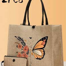 2 Pieces/Set Simple Floral Letter Printed Linen Tote Bag, Simple Travel Bag, Cosmetic Wallet, Large Capacity Travel Cosmetic Bag, Multifunctional Port - Khaki