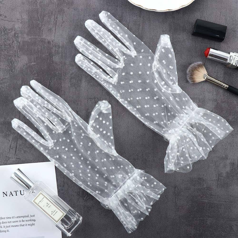 Stretchiga Tunna Fullfinger Lotusblad Koreansk Stil Dam Spetshandskar Spetshandskar Prickiga Handskar vit