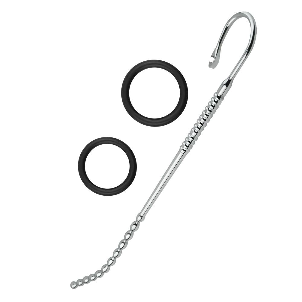 SuperLove Stainless Steel Beaded & Curved Urethral Dilator with Silicone Glans Ring