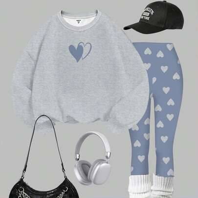 Grå Seagull Grey, sött hjärtmönstertryck, avslappnad och bekväm sweatshirt med rund hals och lång ärm samt leggings för tweenflickor, lämplig för dagl - Multifärgad (7Y,8Y,9Y,10Y,11Y,12Y,13Y)