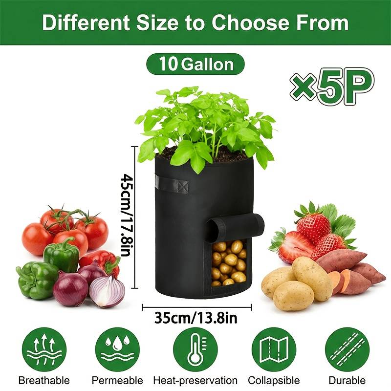 TEMU 5pcs Potato Grow Bags, 300g Thick Non-woven Fabric Pots With Handles, Breathable Garden Bags & Planters For Potatoes, Tomatoes, Carrots, Onions, Root Vegetables Garden Planting Kit