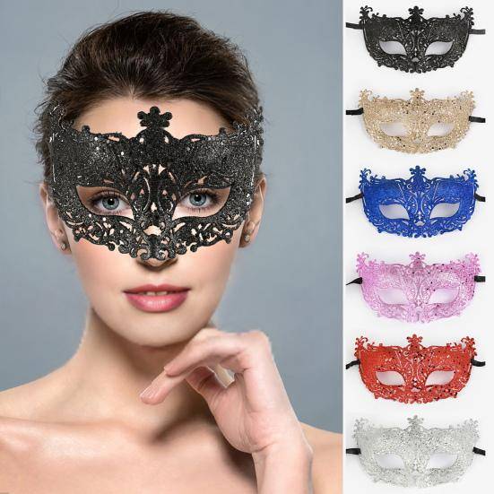 Maskerad Halvmask för Kvinnor Ihålig Utskärning Glitter Partymask Lätt Bekväm Elastisk Rem Halloween Kostymtillbehör