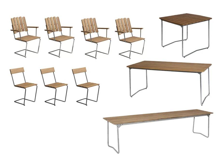 Grythyttan Stålmöbler B31 matgrupp Teak/galvaniseret stål 4 lænestole, 3 stole, bænk 170 cm, bord 84 x 92 cm & bord 170 x 92 cm