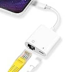 KozyOne 2-i-1 Lightning-ning till RJ45 Ethernet-adapter, 10 Mbps/100 Mbps RJ45 Ethernet-adapter med laddningsport, kompatibel med i-telefon/iPad/iPod, snabb och stabil för onlinespel och videotittning