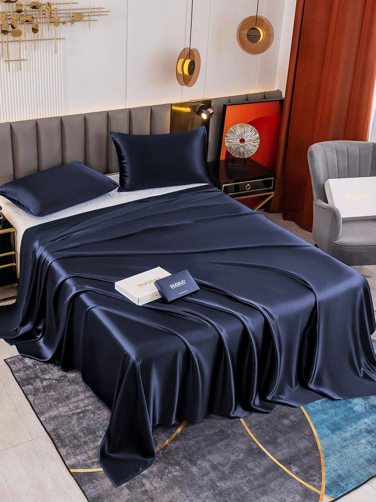 19Momme 3st Siden Sängkläder Set (Platt Lakan + 2x Örngott) - Mörkblå / 1.4m Säng(240x275cm+2x50x60cm)