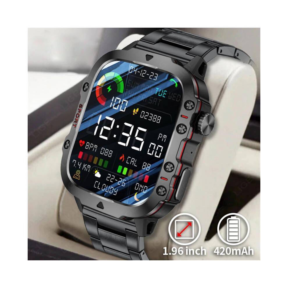 (Steel strip black + tape) QX11 Smart Watch for Men, Multifunctional Sports Watch with Bluetooth Calling, Waterproof, Heart Rate Monitor, Black
