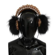 Dolce & Gabbana Gold Black Crystal Fur Headset Audio Headphones