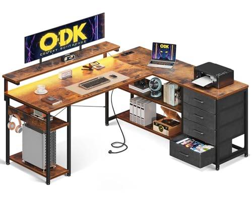 ODK Gaming Hörnskrivbord med LED och 4 Lådor, 135x110cm, Brun