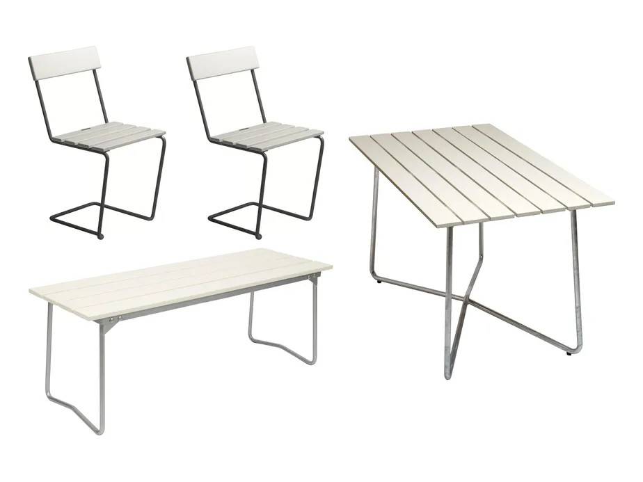 Grythyttan Stålmöbler B25 matgrupp Hvidlakeret ek/galvaniseret stål 2 stole, bænk 110 cm & bord120x70 cm