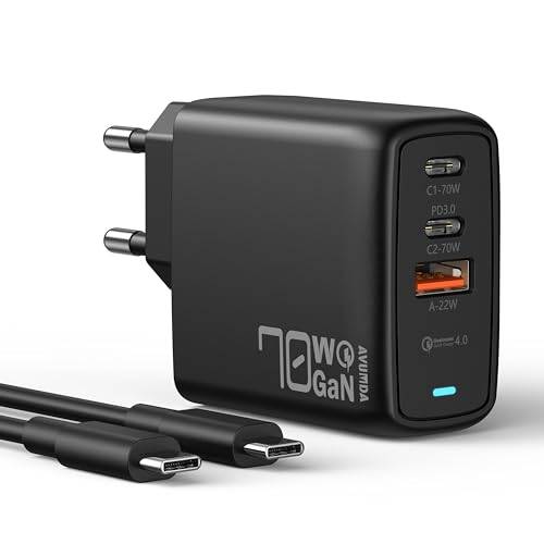 AVUMDA 70 W USB C-laddare, 3-portars snabbladdare med GaN III Tech för MacBook Air Pro iPad Pro Dell XPS 15, Google Pixel, Galaxy S23/S22/S21, ångdäck, 1,8 m 100 W USB C-kabel ingår