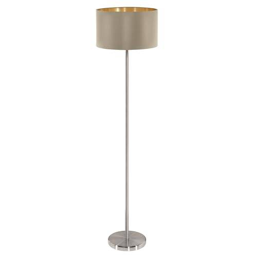 EGLO golvlampa Maserlo, 1-lampig textilgolvlampa, golvlampa av stål och tyg, färg: matt nickel, taupe, guld, sockel: E27, inkl. fotbrytare