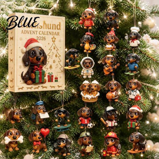 Dachshund Gift Box 2026 Advent Calendar with 24 Unique 2D Acrylic Ornaments Festive Holiday Collectible Figurines Countdown for Christmas Tree