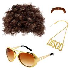 MIVAIUN Hippie kostymset, herr hippie peruker kostym tillbehör, hippietillbehör, afroperuk, falska mustascher, snygga tillbehör för män, 70-talet, 80-tal, 4 st, one size