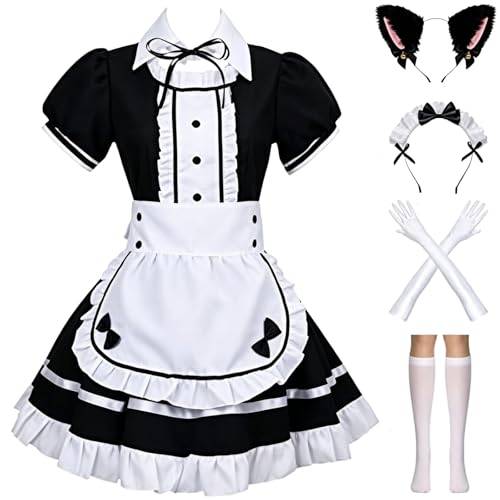 MaxToonrain hembiträde kostym rosa, kvinnors hembiträde maskeraddräkt anime halloween cosplay fest söt Lolita, franskt förkläde + katt öra hembiträde outfit set för kvinnor flickor (svart 7 st, M)
