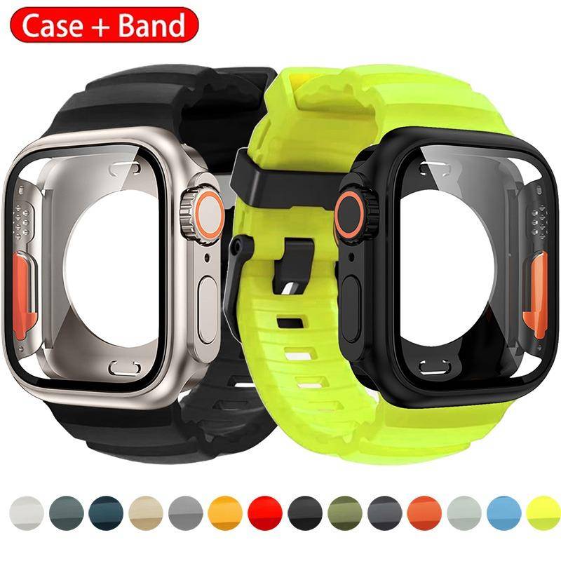 Silikonrem För Apple Watch 44mm 45mm 46mm Armband+Skärmskydd Byt till Ultra För iWatch Serie 11 10 9 8 7 SE 6 5 black