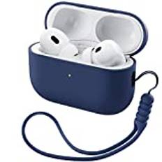 ORNARTO Kompatibel med Airpods Pro 2 fodral (2022), skyddande flytande silikonfodral för Airpods Pro 2:a generationen med snodd mjuk hud fram LED synligt silikonfodral – marinblå