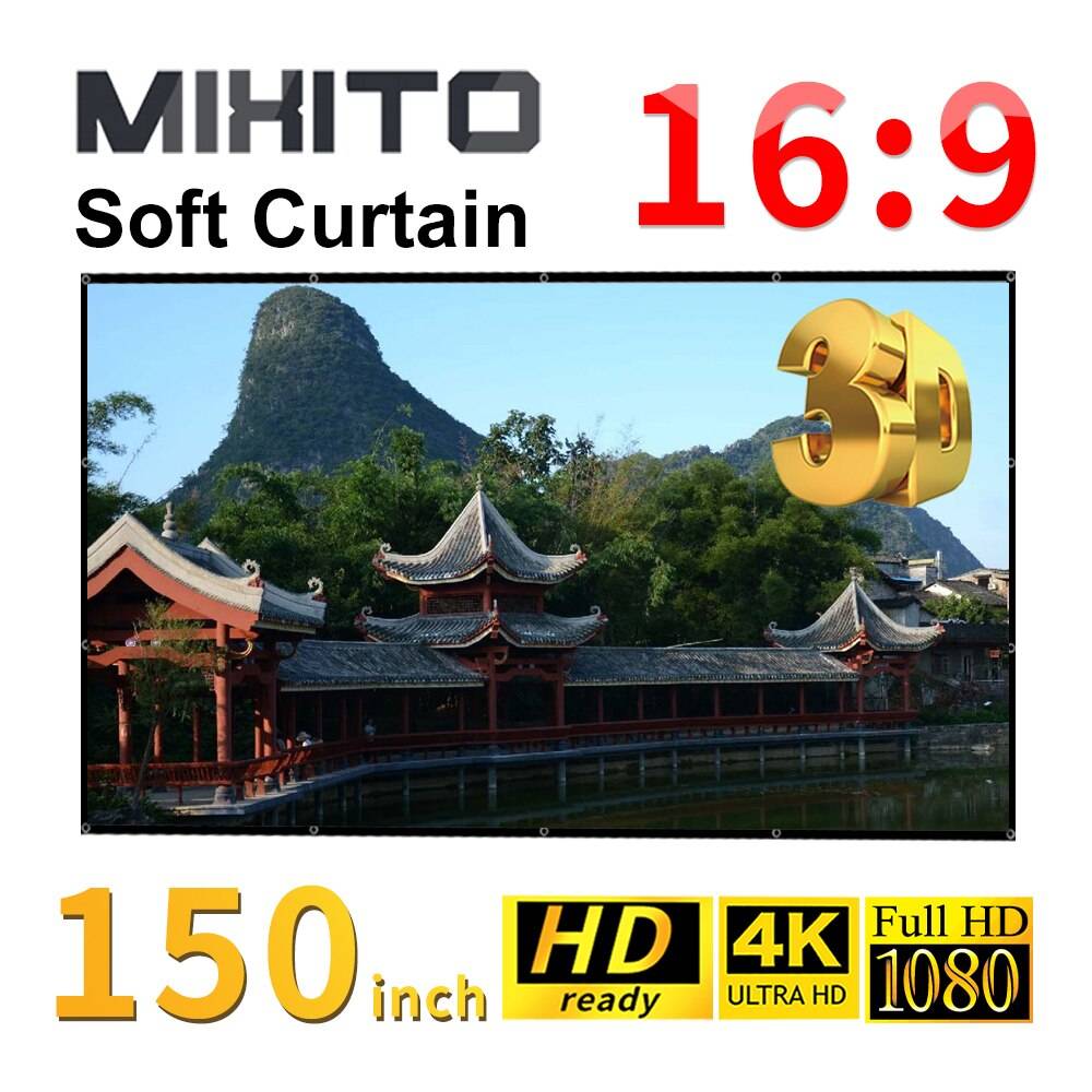 Mixito 16:9 projektor mjuka skärmar proyector 150 tum smart hem utomhus ktv kontor portabel enkel gardinprojektion