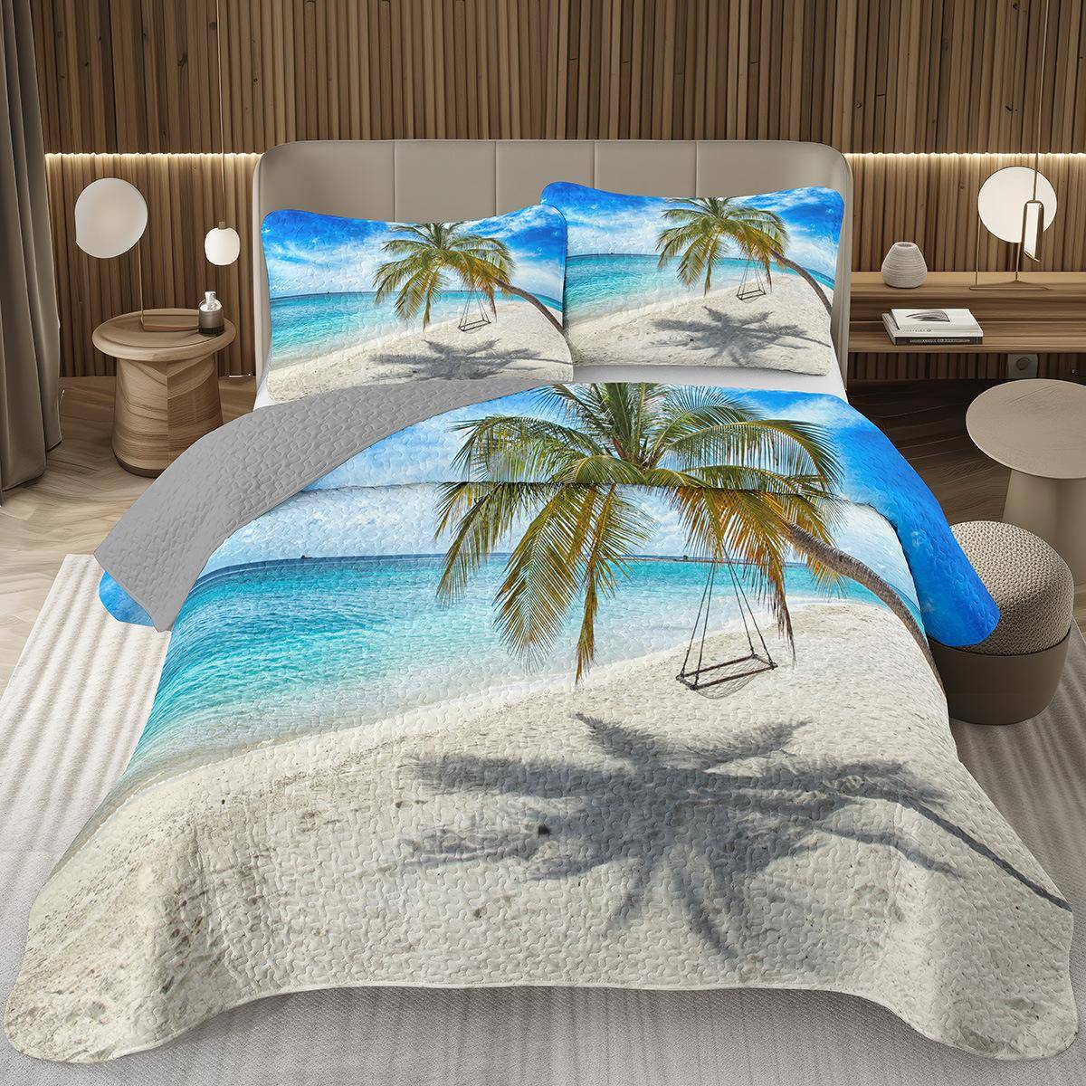 Strand Överkast Tropisk Palm Träd Överkast Set, Hav Ocean Täcke Set Enkelsäng King Size Kustlandskap Kusttema Sängkläder Set EU Single 135x200cm