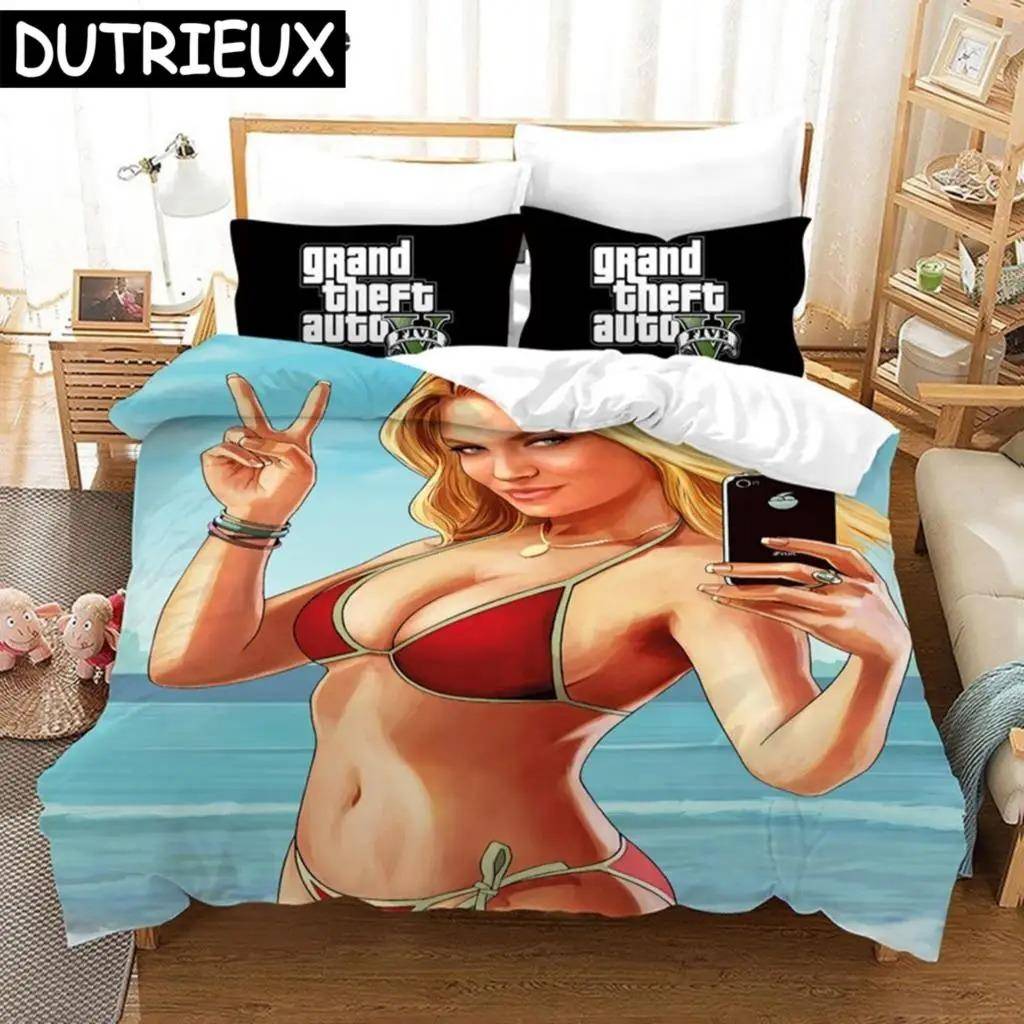 Spel GTA Tryckt Sängklädesset Grand Theft Auto 5 Tecknad Påslakan Örngott Twin Queen King Size Anime Påslakan Sängkläder US Twin 172x218cm.