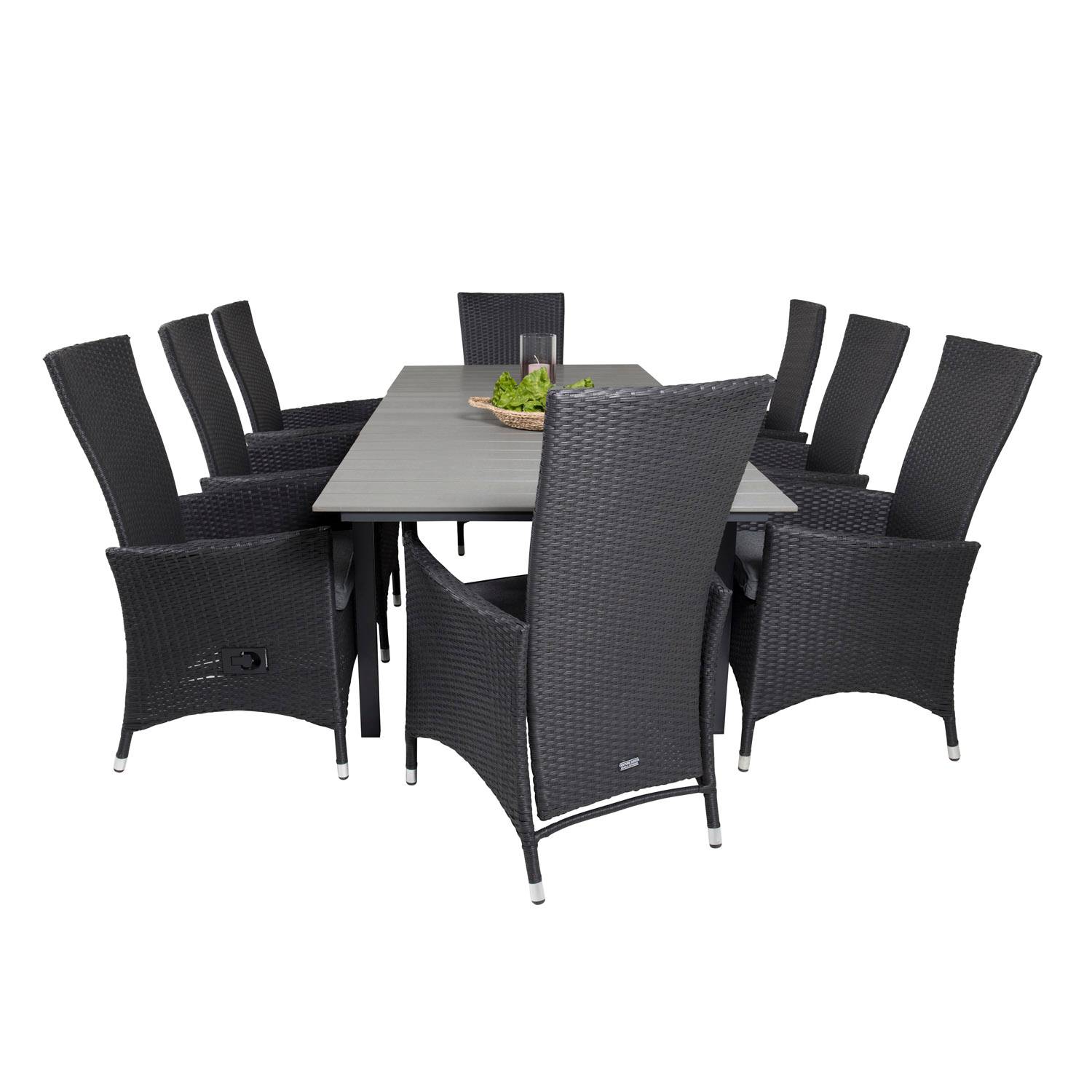 VENTURE DESIGN havesæt m Levels bord m udtræk og 8 Padova stole m recliner -sort rattan/grå aintwood
