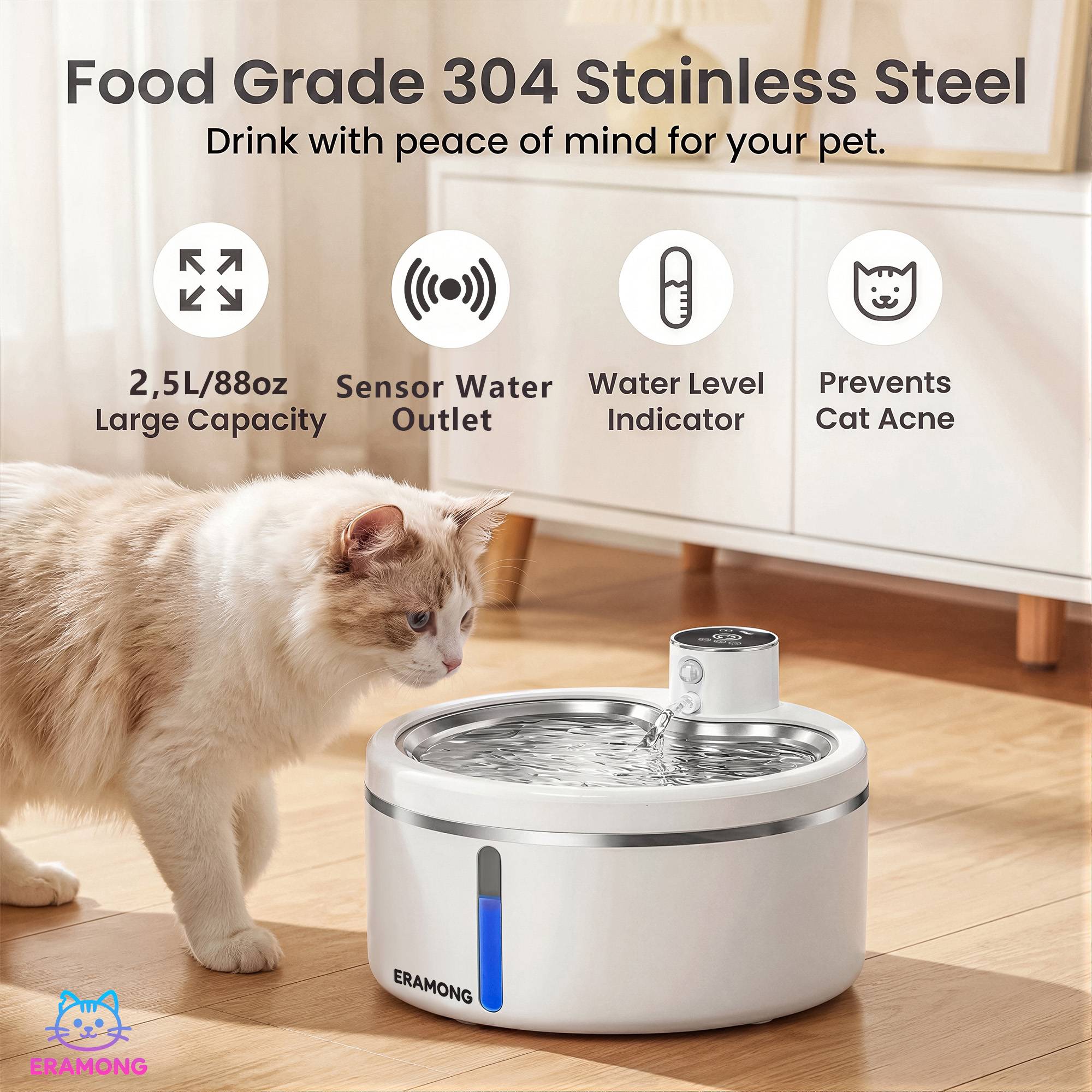 Smart Cat Water Fountain 2.5L Wireless Pet Water Purifier with Motion Sensor Automatic Filtering Large 4000mAh Battery Mute Pump