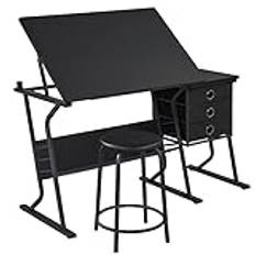 Yaheetech Ritbordsset, skrivbord med lutbar bordsskiva och sidobord med 3 lådor och rund stol och förvaringshylla för att skriva/läsa/måla/rita