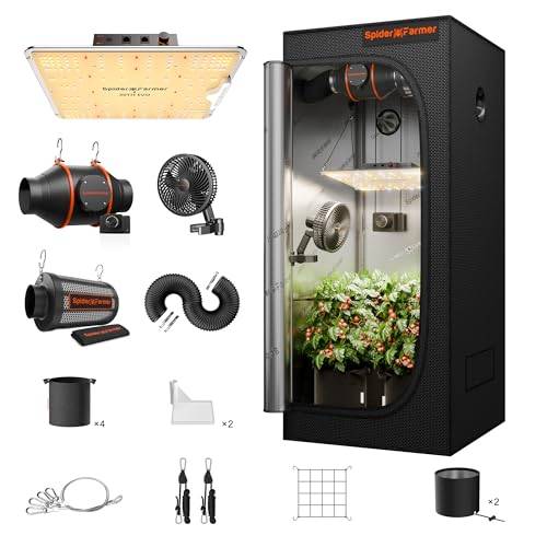 Spider Farmer Growzelt Komplettset SF1000 Grow Light Dimmbarer LED Grow Lampe Vollspektrum Samsung LM301H EVO Diodes GrowZelt Kit Komplettes 70x70x160cm Hydroponics Growing Tent Set Belüftungssystem