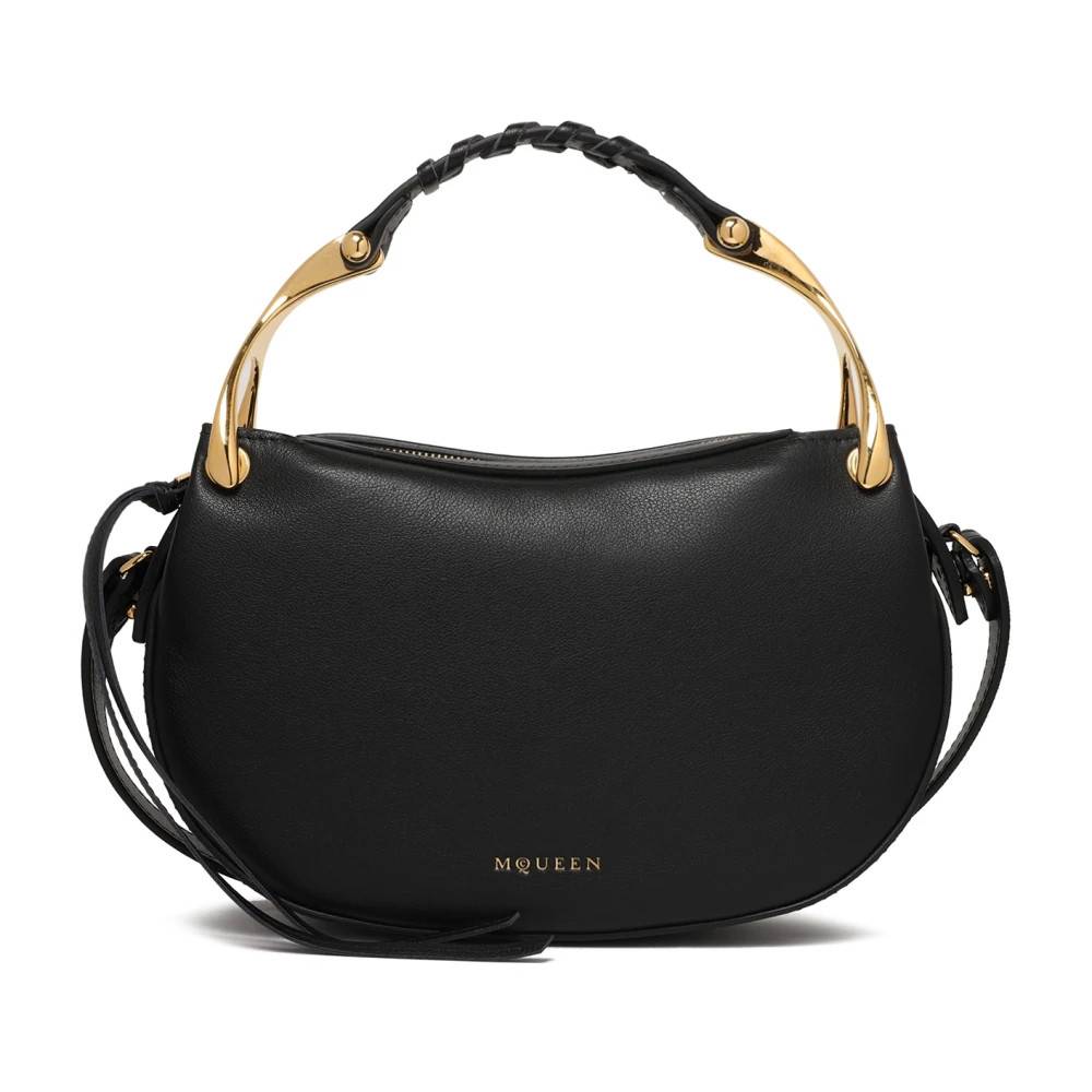 Alexander McQueen Sort Læder Hobo Taske med Guldfarvet Håndtag - Tasker - Dame - Sort - ONE SIZE - Uld