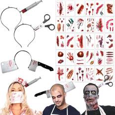 AEYAKA Skrämmande pannband halloween sax, spruta, blodiga huvudknivar och 30 Zombie tatueringar kostym skräcktillbehör för kvinnor och män, karneval, cosplay, maskerad