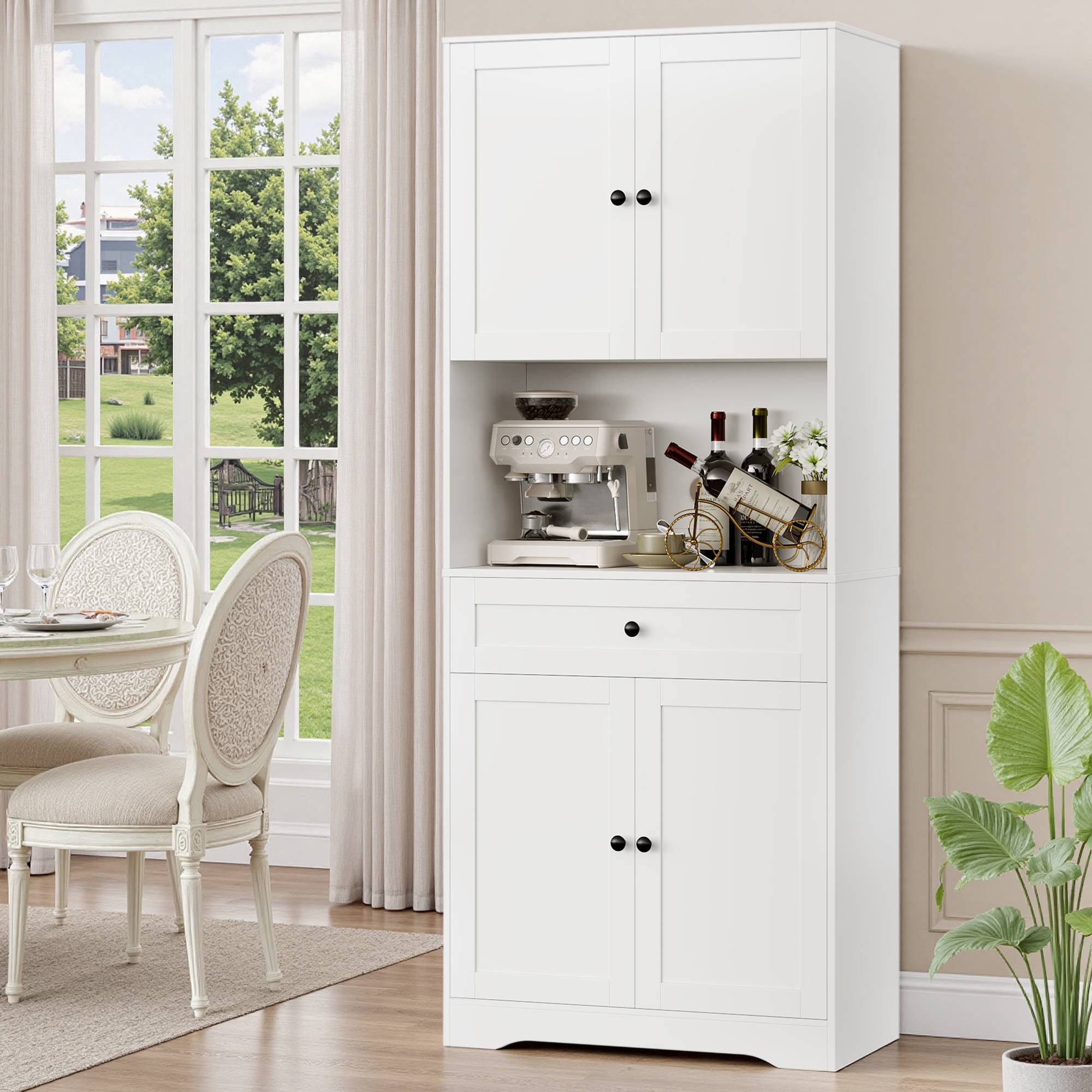 Getone Kitchen Cabinets 180cm Kitchen Cupboard with Large Countertop 4 Doors, Pantry Cupboard Cabinet Sideboard Adjustable Shelves, 1 Drawers 75x40x180cm White/ Black