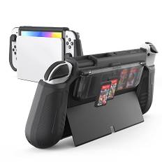 KIWIHOME Switch OLED Hülle mit Spiele Aufbewahrung im Flip Design, Dockbare Schutzhülle für Nintendo Switch OLED 2021, Tragbare TPU Griffhülle für 7 Zoll und Joy-Con-Controller, Schwarz