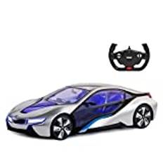 RASTAR BMW i8 fjärrkontroll bil, 1/14 BMW i8 koncept RC bil, helt genomskinlig/interiör ljus - silver