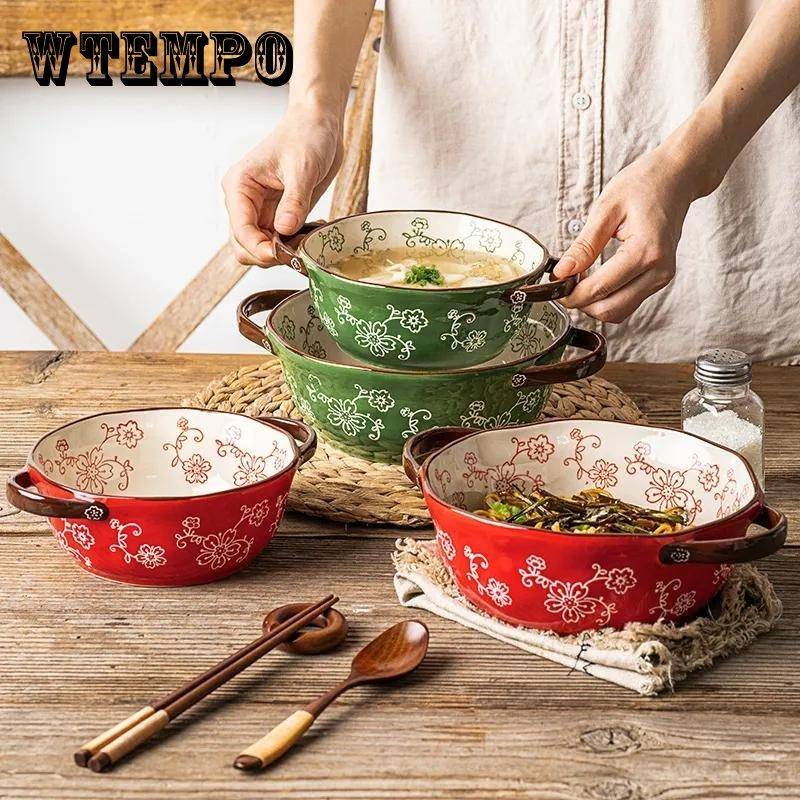 Binaural soppskål skål med keramik servisskål Creative nudelskål soppskål Japansk Ramen Instant Nudelskål grön