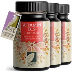 VITAMIN B12 hochdosiert - 3x365 Tabletten mit 500µg Vit B12 + FOLSÄURE 200µg pro Tablette - mit Methylcobalamin, Adenosylcobalamin & Hydroxocobalamin Vit. B12 - laborgeprüft - 100% vegan