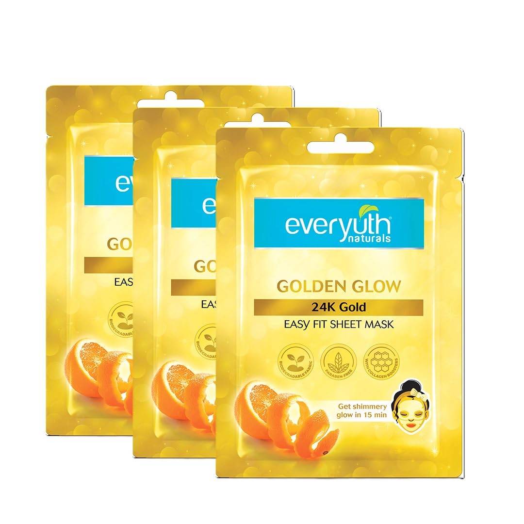 Everyuth Naturals Golden Glow 24K Gold Sheet Mask Pack Of 3 For Radiant Skin Hydration Instant Glow Face Mask Easy Fit Biodegradable Design