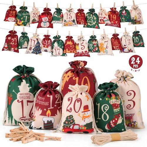 DazSpirit Adventskalender zum Befüllen, DIY Säckchen, 24 Groß Stoffbeutel | Adventskalender Selber Befüllen für Kinder & Erwachsene, 2026 Weihnachtsdeko Säckchen mit Holzklammern und 10 m Hanfseil