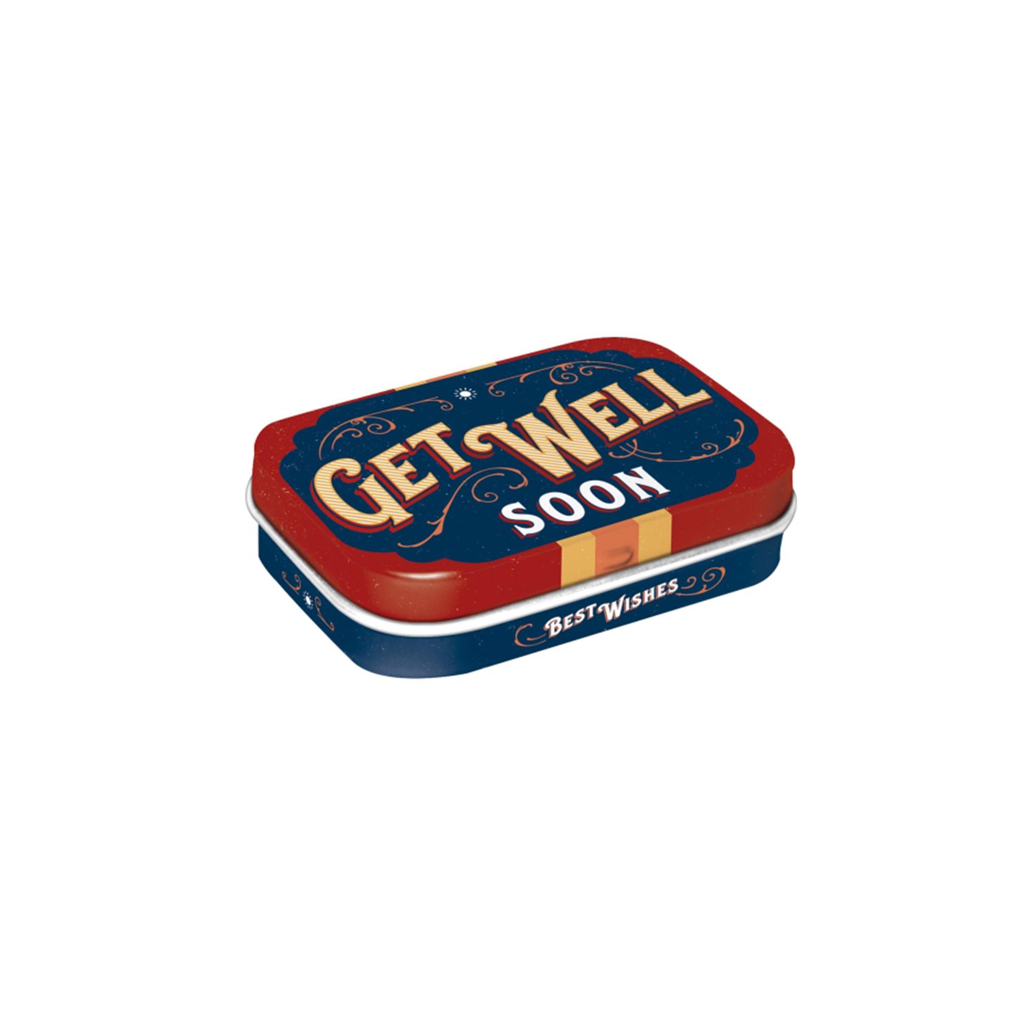 Get Well Soon - klassisk retro plåtask med små minttabletter