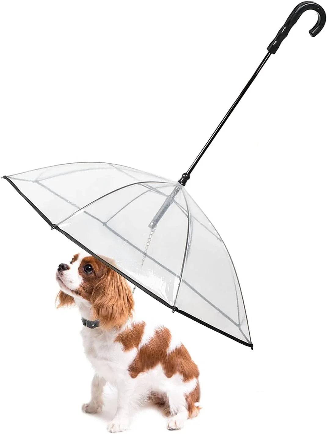Pet Umbrella with Built-in Leash - Clear Canopy for Small Dogs and Cats - Clear
